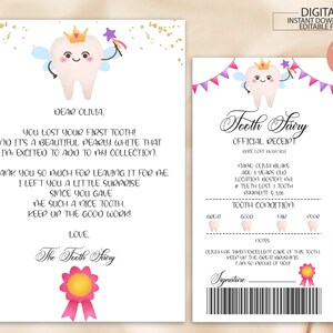 Editable Tooth Fairy Receipt Printable Certificate, Tooth Fairy Letter, Tooth Fairy Note, Lost Tooth Report, First Tooth Certificate