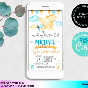 Digital Aviator Birthday Party Invite Airplane Birthday Party Editable Airplane Party Invitation Template Digital Invite Phone Electronic