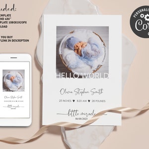 Editable Birth Announcement Template, Minimalist Newborn Birth Announcement, Birth Stats Card, Printable Photo Birth Card, Gender Neutral