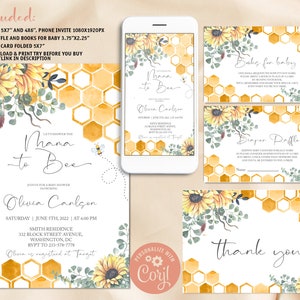 Paquete editable de baby shower de mamá a abeja, juego de baby shower de girasol, libros para bebé, rifa de pañales, tarjeta de agradecimiento, género neutro de abeja de miel