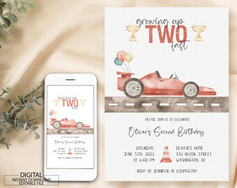 Editable Growing up two fast Birthday Invitation Printable, 2nd Birthday Invite, Red Race Car Birthday Invitation, Vintage Race Car Party