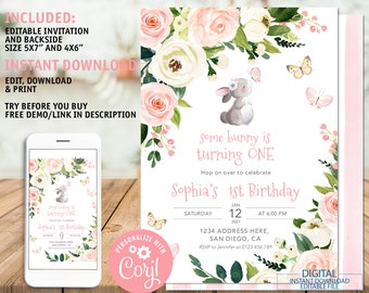 Editable First Bunny Girl Invitation Digital Easter Party Invite Bunny 1st Birthday Digital Pink Gold Bunny Invite Spring Floral Baby Bunny