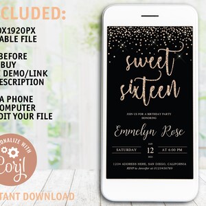 Editable Sweet Sixteen Birthday Invitation Digital Sweet Sixteen Party Invitation Black Rose Gold Glitter Printable Sweet Sixteen Invitation