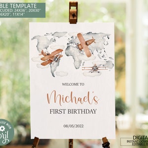 Editable Adventure Awaits Birthday Welcome Sign Printable, World Map Baby Shower Welcome Sign, Travel welcome sign, Birthday Welcome Board
