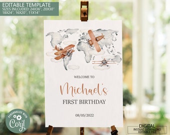 Aventura editable espera signo de bienvenida de cumpleaños imprimible, signo de bienvenida de baby shower del mapa mundial, signo de bienvenida de viaje, tablero de bienvenida de cumpleaños