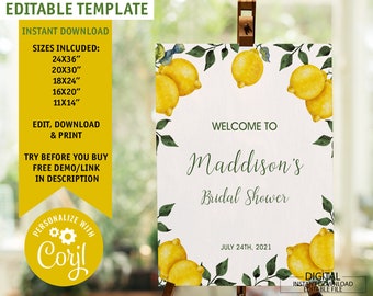 Editable Lemon Bridal Shower Welcome sign, Gender Neutral Printable Baby Shower Welcome Sign, Citrus Birthday Welcome Poster, Lemon Greenery