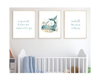 If You Want To Know How Much We Love You Count All He Waves In The Sea Print Set of 3 Prints Nautical Nursery Wall Art Whale Sea Theme Quote