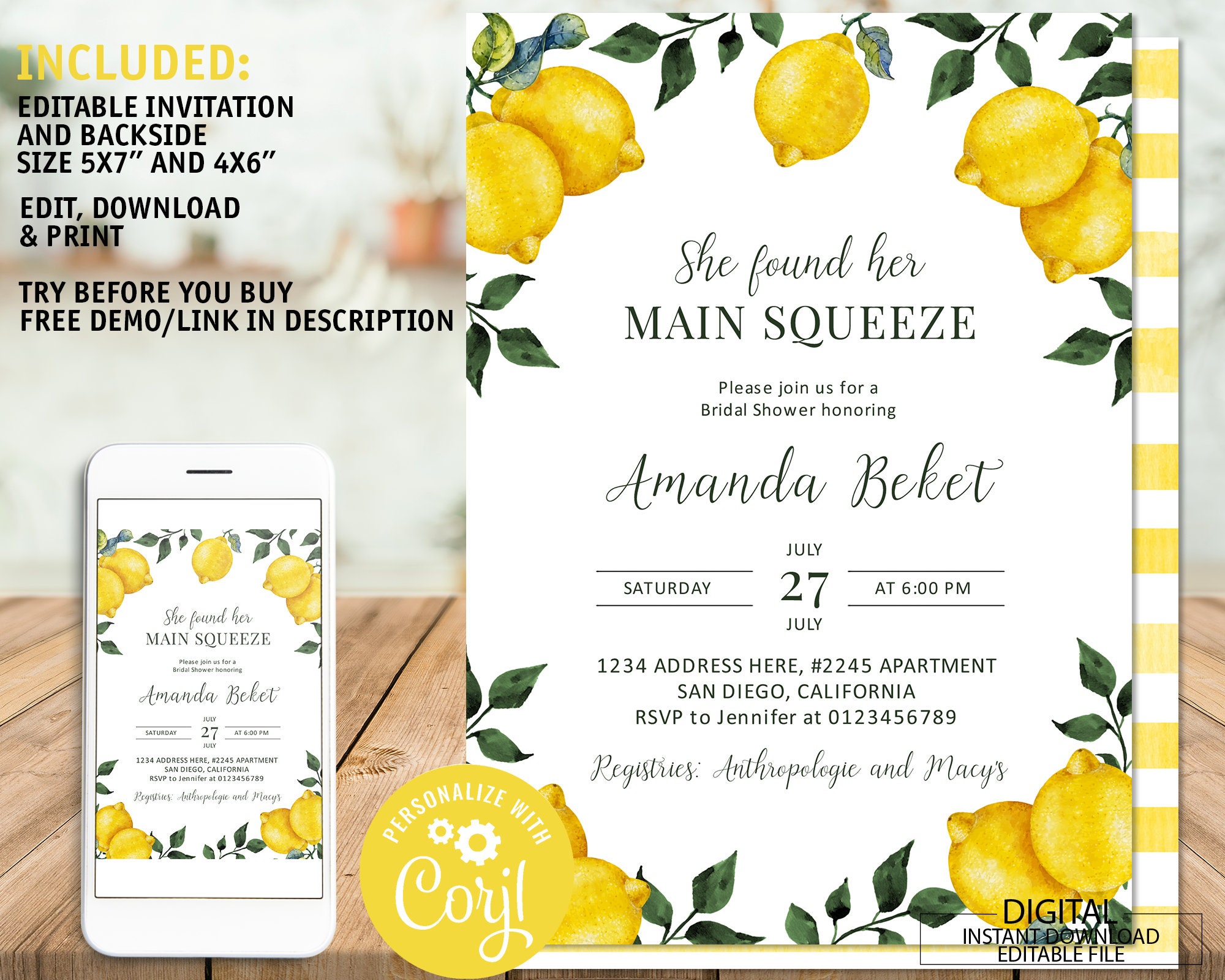 Editable Lemon Bridal Shower Invitation Printable Citrus Bridal Shower Invitation She Found Her Main Squeeze Bridal Shower