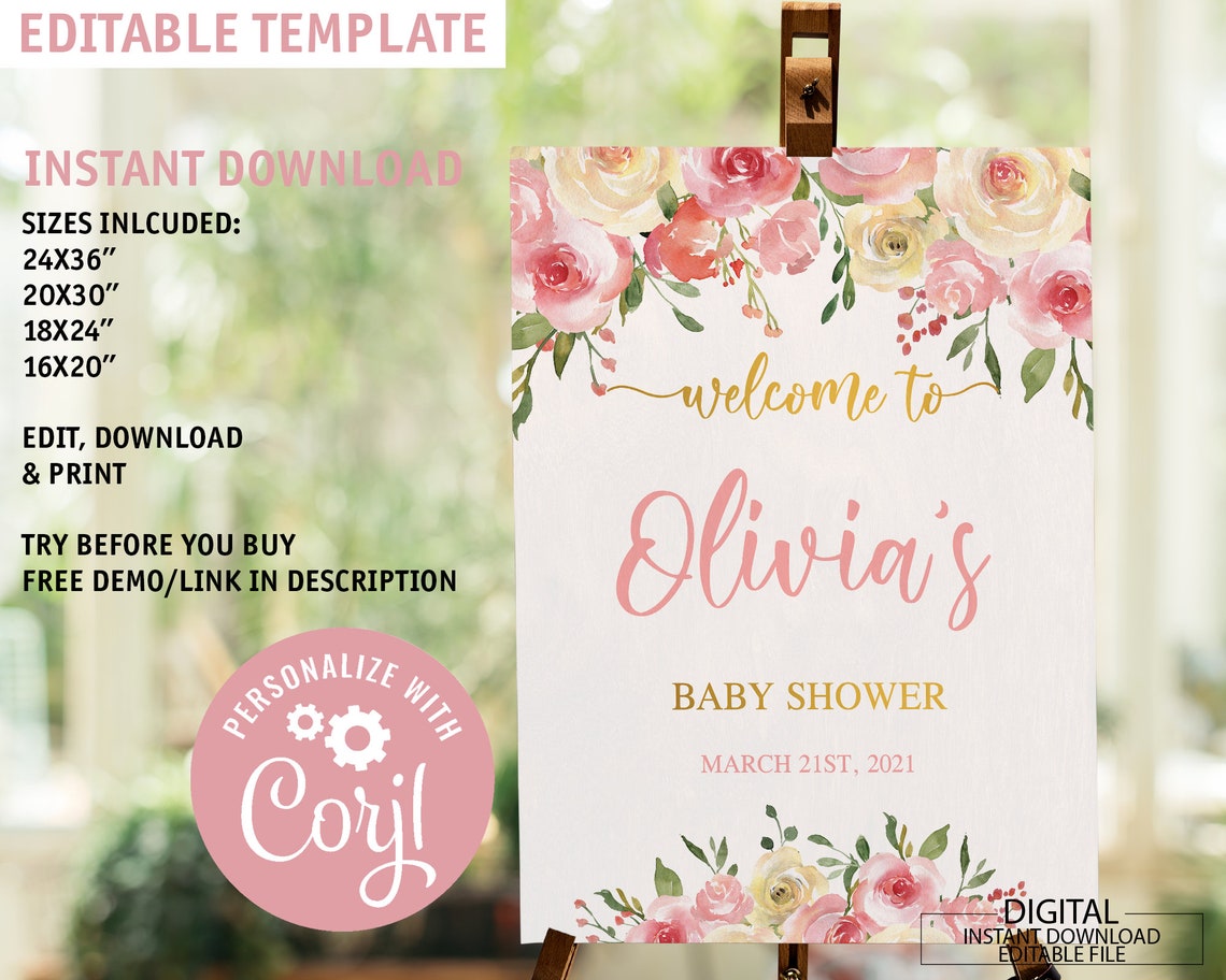 Editable Welcome Sign Baby Shower Printable Floral Welcome | Etsy