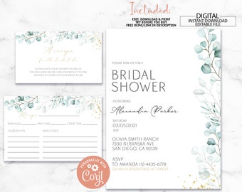 May include: A set of digital bridal shower stationery. Includes a recipe card, a recipe card for guests, and an invitation. The design features watercolor eucalyptus leaves and gold accents. The invitation includes the text "Bridal Shower" and event details.