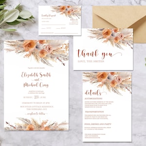 Editable Terracotta Wedding Invitation Template, Printable Floral Wedding Bundle, Burnt Orange Boho Invitation, RSVP card, Details Card