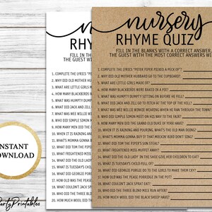 Nursery Rhyme Quiz Baby Shower Imprimible, Nursery Rhyme Quiz Game, Rustic Baby Shower Game, Instant Download, Kraft Paper Baby Shower Game