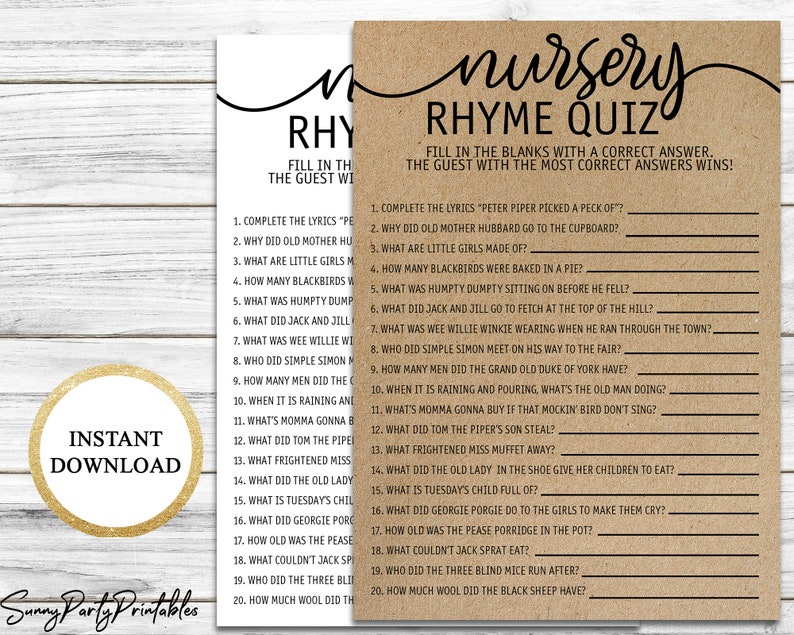Nursery Rhyme Quiz Baby Shower Printable, Nursery Rhyme Quiz Game ...