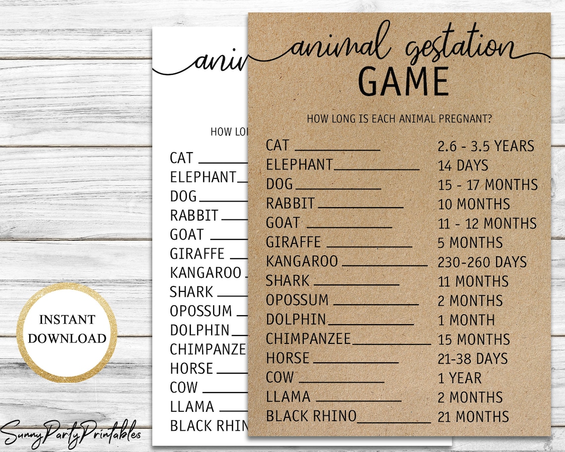Animal Gestation Baby Shower Game Printable, Animal Pregnancy Game ...