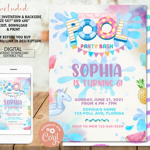 Editable Pool Party Birthday Invitation Printable, Digital Girl Pool Party Invite, Summer Pool Party Invite, Pool Birthday Bash Invitation