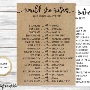 Zou ze liever Baby Shower Game Printable, Who Knows Mama Best, Rustic Baby Shower Game, Instant Download, Kraft Paper Baby Shower Game