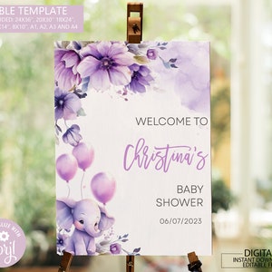 Editable Elephant Baby Shower Welcome Sign, Purple Flowers Welcome Printable Sign, Lavender Girl Elephant Sign, Baby Shower Welcome Sign