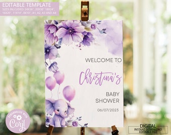 Puede incluir: Un letrero de bienvenida para baby shower con un diseño de acuarela. Presenta flores moradas, globos y una ilustración de elefante. El letrero dice "Bienvenida a la baby shower de Christina 06/07/2023".