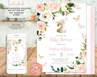 Redigerbar kanin-babyshowerinbjudan, utskrivbar påskduschinbjudan, en liten kanin är på väg-babyshowerinbjudan, direktnedladdning