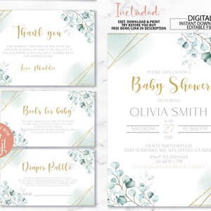 Editable Greenery Baby Shower Bundle Eucalyptus Baby Shower Invitation Set Books for Baby Diaper Raffle Thank you Card Boho Baby Shower