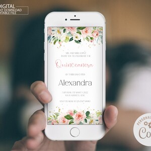 Editable Quinceanera Invitation Template, Phone Electronic Invite, Mis Quince Anos, Quinceañera Floral Invitation, Birthday Party Invite