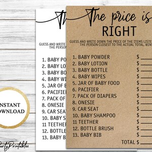 El precio es correcto, bebé juego de ducha imprimible, adivinar el juego de precio, rústico bebé juego de ducha, descarga instantánea, Kraft papel baby shower