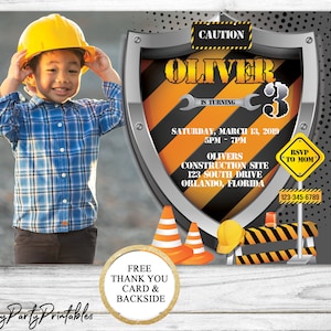 Bouw Verjaardagsuitnodiging met Foto, Bouwfeest Uitnodiging, Waarschuwingsuitnodiging, Bouwbadge Uitnodiging, BulldozerFeest