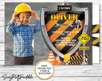 Construction Birthday Invitation with Photo, Construction Party Invitation, Caution Invitation, Construction Badge Invite, Bulldozer Party