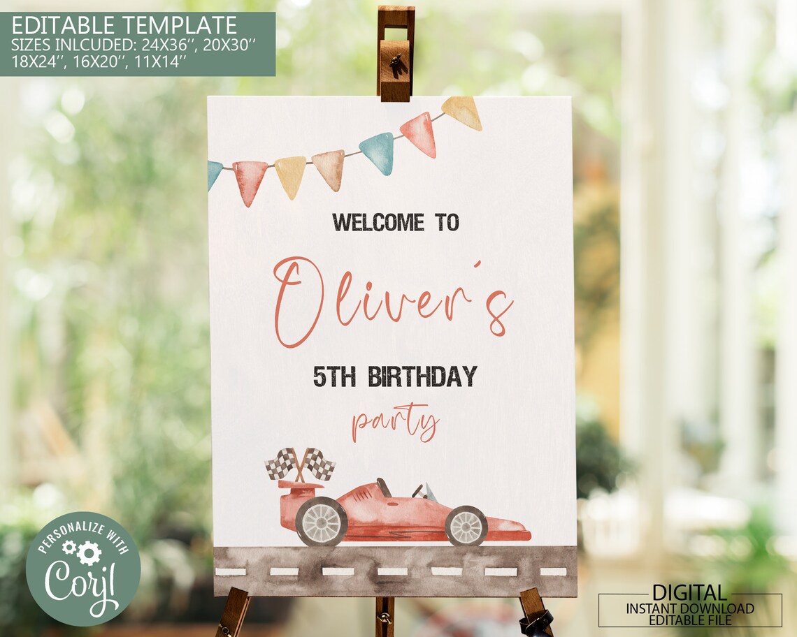 Editable Race Car Birthday Welcome Sign Printable, Red Race Car Party ...