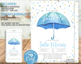 Editable Blue Umbrella Baby Shower Invitation Sprinkle Baby Boy Shower Baby Sprinkle Invitation Let's Shower the new Mom Rain Baby Shower