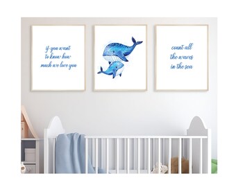 If You Want to Know How Much We Love You Count all the Waves in the Sea Whale Print, Set of 3 Prints, Neutral Nursery Print, Sea Theme Quote