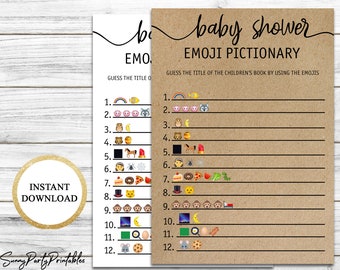 Emoji Pictionary Baby Shower Game Printable, Children's Book Game, Rustic Baby Shower Game, Instant Download, Kraft Paper Baby Shower Game
