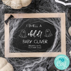 Anuncio de embarazo de Halloween editable en las redes sociales, elaboración de calabaza para bebés, anuncio de embarazo en línea, huelo a niño, tablero de cartas