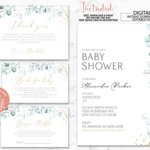 Editable Greenery Baby Shower Bundle Eucalyptus Baby Shower Invitation Set Books for Baby Diaper Raffle Thank you Card Boho Baby Shower