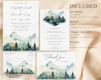 Editable Mountain Wedding Invitation Template Set, Forest Pine Wedding Invite Bundle, Rustic Wedding Invite, Details Card, Printable RSVP