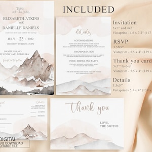 Editable Mountain Wedding Invitation Template Set, Printable Wedding Bundle, Rustic Wedding Invite, RSVP Card, Details Card, Thank you Card