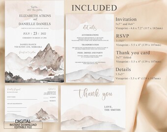 Editable Mountain Wedding Invitation Template Set, Printable Wedding Bundle, Rustic Wedding Invite, RSVP Card, Details Card, Thank you Card