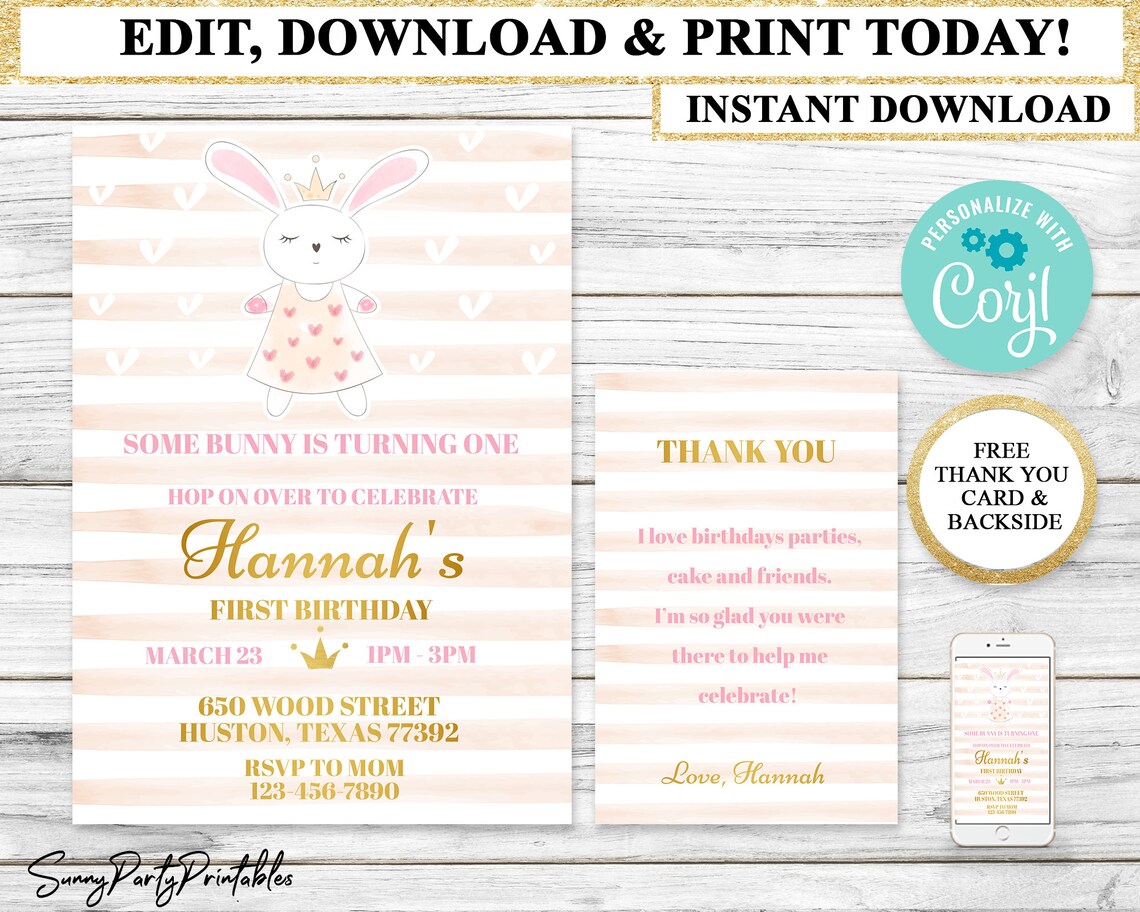 Instant Download Template Editable Bunny Birthday Invitation | Etsy