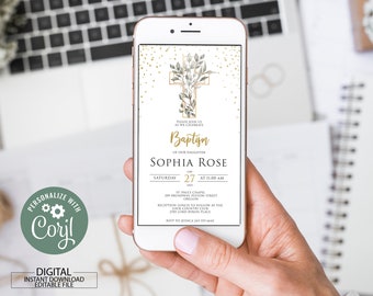 Editable Baptism Greenery Invitation Minimalist Greenery Baptism Invite Christening Invitation Greenery and Gold Baptism Invite Text Message