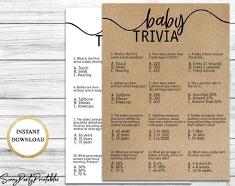 Baby Shower Trivia Game Printable, Baby Shower Trivia Quiz, Rustic Baby Shower Game, Instant Download, Kraft Paper Baby Shower Game