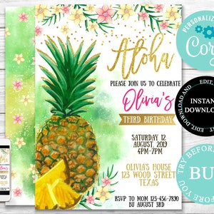 Pineapple Birthday Invitation, Luau Invitation, Party Like a Pineapple Invitation, Editable Pineapple Invitation, Instant Download, Hawaiian