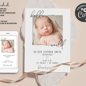 Editable Birth Announcement Template, Minimalist Newborn Birth Announcement, Birth Stats Card, Printable Photo Birth Card, Gender Neutral