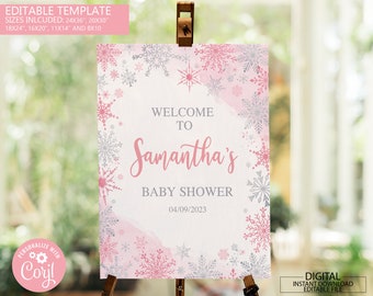 Editable Snowflake Baby Shower Welcome Sign, A Little Snowflake Welcome Sign, Winter Baby Shower Sign, Pink Winter Wonderland Welcome Sign