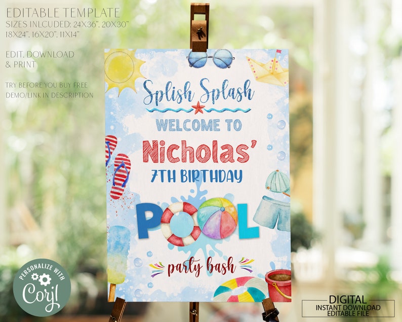 Editable Pool Party Welcome Sign Summer Party Printable Splish Splash ...