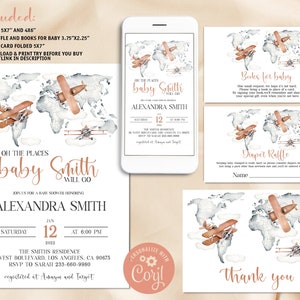 Pacchetto Baby Shower con mappa del mondo modificabile, L'avventura attende l'invito per Baby Shower, Libri per bambini, Biglietto di ringraziamento, Invito per Baby Shower da viaggio