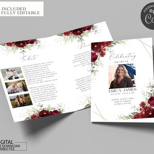 Funeral Program Template, Red Roses and Gold Memorial Program, Red Roses Editable Bi-Fold Obituary Template, In Loving Memory Photo Template