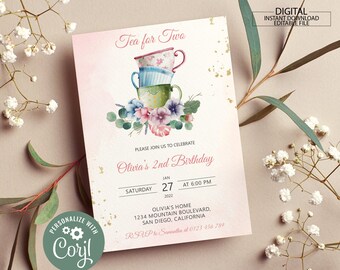 Könnte beinhalten: Eine digitale Einladungskarte mit Aquarelldesign für eine Teeparty. Die Karte zeigt gestapelte Teetassen, florale Akzente und den Text "Tea for Two" und "Olivia's 2nd Birthday". Enthält Eventdetails und ein "Personalize with Corjl"-Logo.