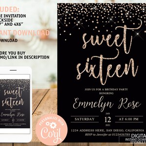 Editable Sweet Sixteen Birthday Invitation Digital Sweet Sixteen Party Invitation Black Rose Gold Glitter Printable Sweet Sixteen Invitation