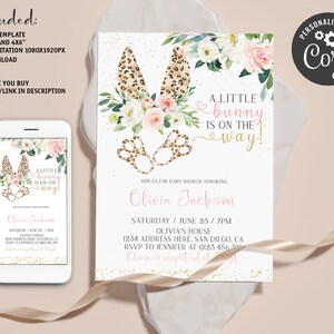 Editable Bunny Baby Shower Invitation, Easter Shower Invite Printable, A Little Bunny is on the Way, Leopard Print Bunny Baby Shower Invite