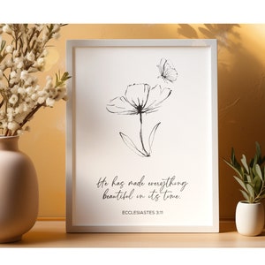 He Has Made Everything Beautiful Print, Nursery Bible Verse Print, Minimalist Bible Sign, Minimalist Flower Bible Sign, bible verse wall art